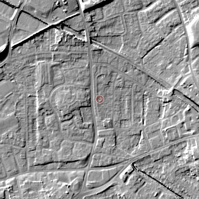 Shaded relief map of the ground around WV131JB, computed from Environment Agency LiDAR. The ground here sits at about 123 m above sea level and falls 17 m across the surrounding 800 m. Surface water reaching this point runs off ground lying to the north, 2.2 m higher.