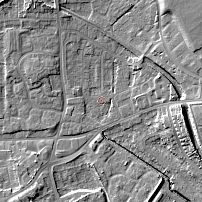 Shaded relief map of the ground around WV131JE, computed from Environment Agency LiDAR. The ground here sits at about 122 m above sea level and falls 18 m across the surrounding 800 m. Surface water reaching this point runs off ground lying to the north-east, 13.8 m higher.
