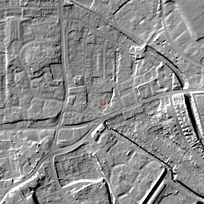 Shaded relief map of the ground around WV131JF, computed from Environment Agency LiDAR. The ground here sits at about 121 m above sea level and falls 17 m across the surrounding 800 m. Surface water reaching this point runs off ground lying to the south-south-west, 1.6 m higher.