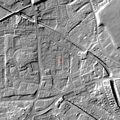 Shaded relief map of the ground around WV131JG, computed from Environment Agency LiDAR. The ground here sits at about 123 m above sea level and falls 17 m across the surrounding 800 m. Surface water reaching this point runs off ground lying to the north-west, 4.8 m higher.