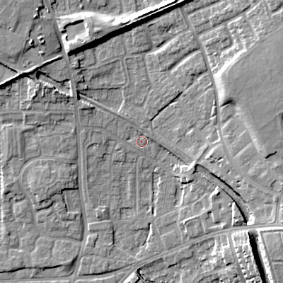 Shaded relief map of the ground around WV131JH, computed from Environment Agency LiDAR. The ground here sits at about 124 m above sea level and falls 18 m across the surrounding 800 m. Surface water reaching this point runs off ground lying to the north-west, 4.5 m higher.
