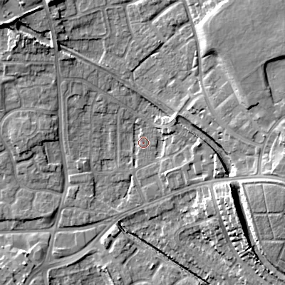 Shaded relief map of the ground around WV131JJ, computed from Environment Agency LiDAR. The ground here sits at about 123 m above sea level and falls 18 m across the surrounding 800 m. Surface water reaching this point runs off ground lying to the north-east, 14.6 m higher.