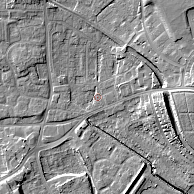 Shaded relief map of the ground around WV131JN, computed from Environment Agency LiDAR. The ground here sits at about 122 m above sea level and falls 18 m across the surrounding 800 m. Surface water reaching this point runs off ground lying to the north-east, 14.2 m higher.