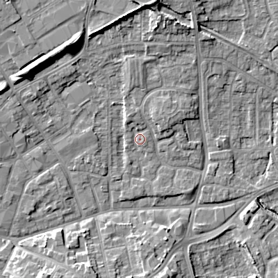 Shaded relief map of the ground around WV131JP, computed from Environment Agency LiDAR. The ground here sits at about 123 m above sea level and falls 14 m across the surrounding 800 m. Surface water reaching this point runs off ground lying to the north-north-west, 2.6 m higher.