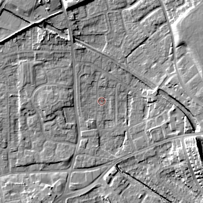 Shaded relief map of the ground around WV131JQ, computed from Environment Agency LiDAR. The ground here sits at about 123 m above sea level and falls 17 m across the surrounding 800 m. Surface water reaching this point runs off ground lying to the north-north-west, 4.6 m higher.