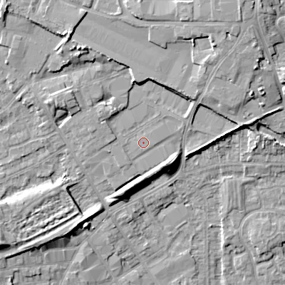 Shaded relief map of the ground around WV131JR, computed from Environment Agency LiDAR. The ground here sits at about 129 m above sea level and falls 15 m across the surrounding 800 m. Surface water reaching this point runs off ground lying to the north-east, 6.8 m higher.