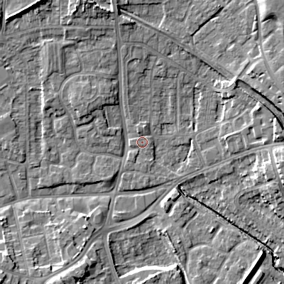 Shaded relief map of the ground around WV131JS, computed from Environment Agency LiDAR. The ground here sits at about 123 m above sea level and falls 16 m across the surrounding 800 m. Surface water reaching this point runs off ground lying to the north-west, 9.4 m higher.