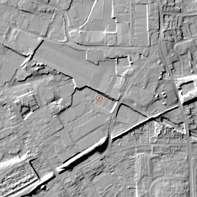 Shaded relief map of the ground around WV131LE, computed from Environment Agency LiDAR. The ground here sits at about 129 m above sea level and falls 14 m across the surrounding 800 m. Surface water reaching this point runs off ground lying to the north-east, 8.2 m higher.
