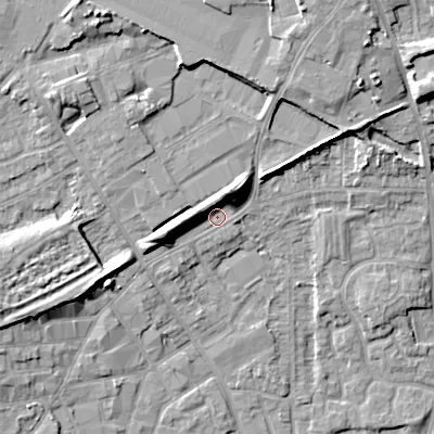 Shaded relief map of the ground around WV131LT, computed from Environment Agency LiDAR. The ground here sits at about 126 m above sea level and falls 14 m across the surrounding 800 m. Surface water reaching this point runs off ground lying to the north-north-east, 9.4 m higher.