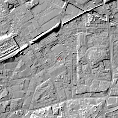 Shaded relief map of the ground around WV131NB, computed from Environment Agency LiDAR. The ground here sits at about 124 m above sea level and falls 14 m across the surrounding 800 m. Surface water reaching this point runs off ground lying to the west-north-west, 3.5 m higher.