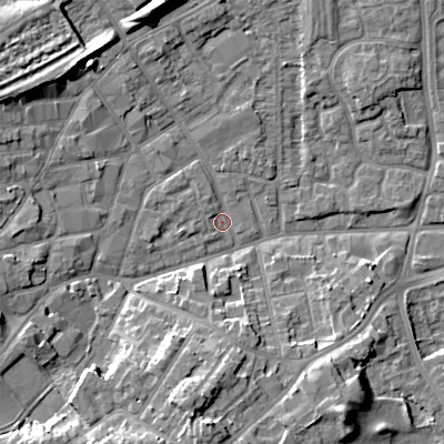 Shaded relief map of the ground around WV131NJ, computed from Environment Agency LiDAR. The ground here sits at about 123 m above sea level and falls 12 m across the surrounding 800 m. Surface water reaching this point runs off ground lying to the north-west, 9.1 m higher.