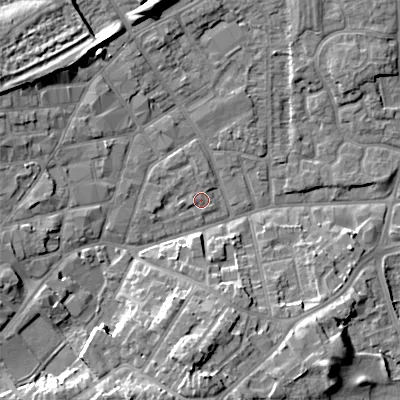 Shaded relief map of the ground around WV131NL, computed from Environment Agency LiDAR. The ground here sits at about 124 m above sea level and falls 12 m across the surrounding 800 m. Surface water reaching this point runs off ground lying to the north-west, 1.6 m higher.