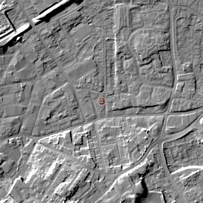 Shaded relief map of the ground around WV131NY, computed from Environment Agency LiDAR. The ground here sits at about 123 m above sea level and falls 13 m across the surrounding 800 m. Surface water reaching this point runs off ground lying to the north-north-west, 2.0 m higher.