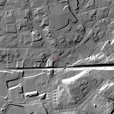Shaded relief map of the ground around WV132AL, computed from Environment Agency LiDAR. The ground here sits at about 128 m above sea level and falls 16 m across the surrounding 800 m. Surface water reaching this point runs off ground lying to the north, 3.0 m higher.
