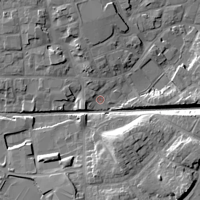 Shaded relief map of the ground around WV132AN, computed from Environment Agency LiDAR. The ground here sits at about 126 m above sea level and falls 16 m across the surrounding 800 m. Surface water reaching this point runs off ground lying to the north-north-west, 4.2 m higher.