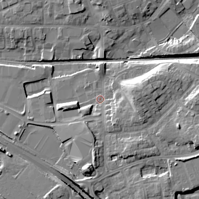 Shaded relief map of the ground around WV132AR, computed from Environment Agency LiDAR. The ground here sits at about 128 m above sea level and falls 15 m across the surrounding 800 m. Surface water reaching this point runs off ground lying to the east-south-east, 10.7 m higher.