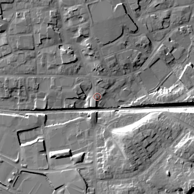 Shaded relief map of the ground around WV132AW, computed from Environment Agency LiDAR. The ground here sits at about 128 m above sea level and falls 16 m across the surrounding 800 m. Surface water reaching this point runs off ground lying to the south-west, 1.5 m higher.