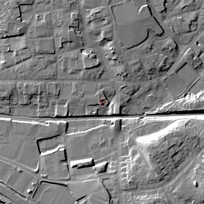 Shaded relief map of the ground around WV132BA, computed from Environment Agency LiDAR. The ground here sits at about 129 m above sea level and falls 14 m across the surrounding 800 m. Surface water reaching this point runs off ground lying to the north-north-west, 2.4 m higher.
