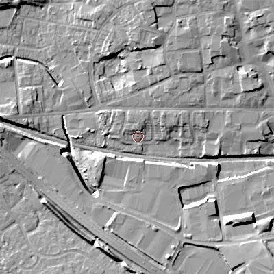 Shaded relief map of the ground around WV132DB, computed from Environment Agency LiDAR. The ground here sits at about 128 m above sea level and falls 12 m across the surrounding 800 m. Surface water reaching this point runs off ground lying to the north-north-east, 2.9 m higher.