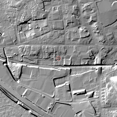 Shaded relief map of the ground around WV132DQ, computed from Environment Agency LiDAR. The ground here sits at about 128 m above sea level and falls 14 m across the surrounding 800 m. Surface water reaching this point runs off ground lying to the north-north-west, 4.0 m higher.