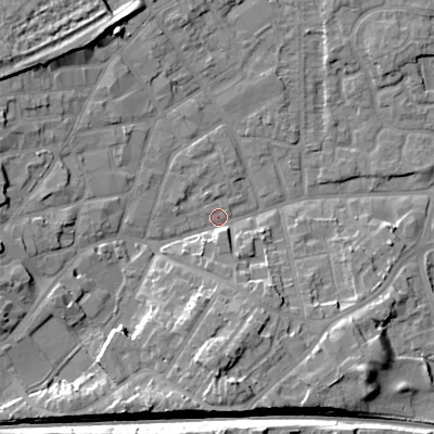 Shaded relief map of the ground around WV132DZ, computed from Environment Agency LiDAR. The ground here sits at about 123 m above sea level and falls 12 m across the surrounding 800 m. Surface water reaching this point runs off ground lying to the south, 10.0 m higher.