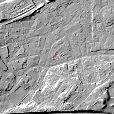 Shaded relief map of the ground around WV132EA, computed from Environment Agency LiDAR. The ground here sits at about 123 m above sea level and falls 14 m across the surrounding 800 m. Surface water reaching this point runs off ground lying to the north-north-east, 1.6 m higher.