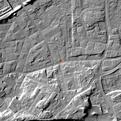 Shaded relief map of the ground around WV132EB, computed from Environment Agency LiDAR. The ground here sits at about 123 m above sea level and falls 13 m across the surrounding 800 m. Surface water reaching this point runs off ground lying to the south-south-west, 10.4 m higher.