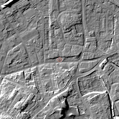Shaded relief map of the ground around WV132ED, computed from Environment Agency LiDAR. The ground here sits at about 122 m above sea level and falls 14 m across the surrounding 800 m. Surface water reaching this point runs off ground lying to the south-south-west, 11.7 m higher.