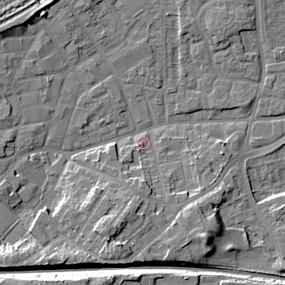 Shaded relief map of the ground around WV132EG, computed from Environment Agency LiDAR. The ground here sits at about 124 m above sea level and falls 14 m across the surrounding 800 m. Surface water reaching this point runs off ground lying to the south, 5.2 m higher.