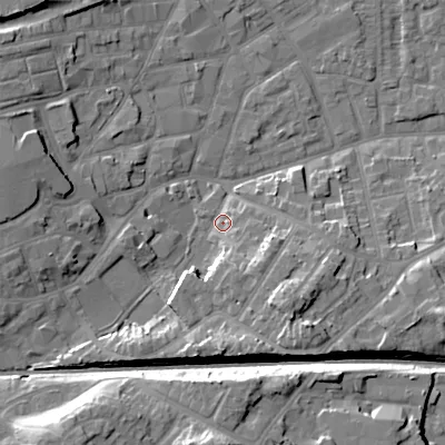 Shaded relief map of the ground around WV132EN, computed from Environment Agency LiDAR. The ground here sits at about 125 m above sea level and falls 16 m across the surrounding 800 m. Surface water reaching this point runs off ground lying to the south-east, 9.2 m higher.