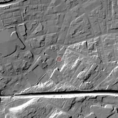 Shaded relief map of the ground around WV132EP, computed from Environment Agency LiDAR. The ground here sits at about 124 m above sea level and falls 16 m across the surrounding 800 m. Surface water reaching this point runs off ground lying to the west, 9.3 m higher.