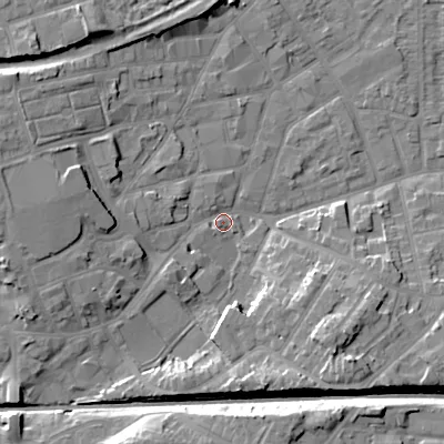 Shaded relief map of the ground around WV132ER, computed from Environment Agency LiDAR. The ground here sits at about 125 m above sea level and falls 14 m across the surrounding 800 m. Surface water reaching this point runs off ground lying to the west, 10.4 m higher.