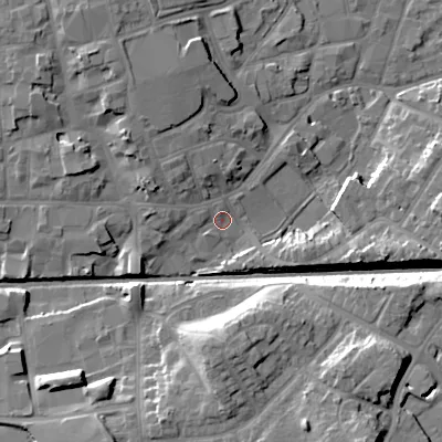 Shaded relief map of the ground around WV132EY, computed from Environment Agency LiDAR. The ground here sits at about 126 m above sea level and falls 16 m across the surrounding 800 m. Surface water reaching this point runs off ground lying to the west-north-west, 2.0 m higher.