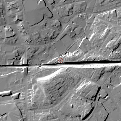 Shaded relief map of the ground around WV132EZ, computed from Environment Agency LiDAR. The ground here sits at about 127 m above sea level and falls 17 m across the surrounding 800 m. Surface water reaching this point runs off ground lying to the east, 3.7 m higher.