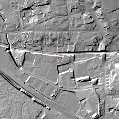 Shaded relief map of the ground around WV132JW, computed from Environment Agency LiDAR. The ground here sits at about 129 m above sea level and falls 15 m across the surrounding 800 m. Surface water reaching this point runs off ground lying to the south-south-west, 5.8 m higher.