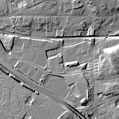 Shaded relief map of the ground around WV132JZ, computed from Environment Agency LiDAR. The ground here sits at about 131 m above sea level and falls 15 m across the surrounding 800 m. Surface water reaching this point runs off ground lying to the south-east, 6.8 m higher.
