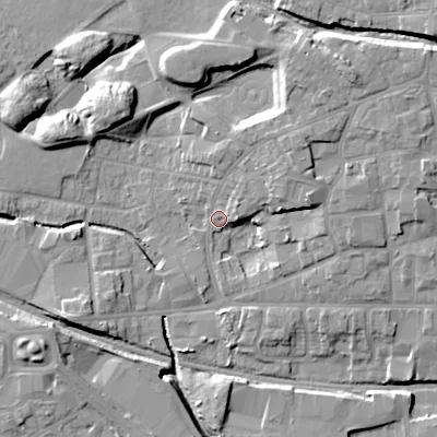 Shaded relief map of the ground around WV132PR, computed from Environment Agency LiDAR. The ground here sits at about 129 m above sea level and falls 13 m across the surrounding 800 m. Surface water reaching this point runs off ground lying to the north-east, 6.7 m higher.