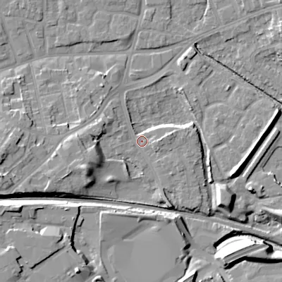 Shaded relief map of the ground around WV132QR, computed from Environment Agency LiDAR. The ground here sits at about 123 m above sea level and falls 16 m across the surrounding 800 m. Surface water reaching this point runs off ground lying to the south-east, 8.2 m higher.