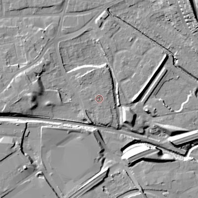 Shaded relief map of the ground around WV132RA, computed from Environment Agency LiDAR. The ground here sits at about 124 m above sea level and falls 15 m across the surrounding 800 m. Surface water reaching this point runs off ground lying to the north-north-west, 0.8 m higher.