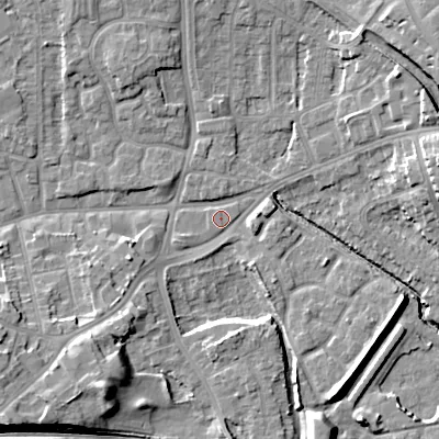 Shaded relief map of the ground around WV132RD, computed from Environment Agency LiDAR. The ground here sits at about 122 m above sea level and falls 14 m across the surrounding 800 m. Surface water reaching this point runs off ground lying to the south-west, 10.8 m higher.