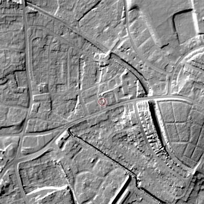 Shaded relief map of the ground around WV132RN, computed from Environment Agency LiDAR. The ground here sits at about 123 m above sea level and falls 22 m across the surrounding 800 m. Surface water reaching this point runs off ground lying to the north-north-east, 2.2 m higher.