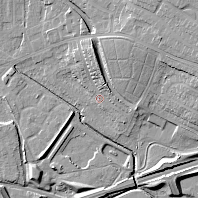 Shaded relief map of the ground around WV132RP, computed from Environment Agency LiDAR. The ground here sits at about 123 m above sea level and falls 22 m across the surrounding 800 m. Surface water reaching this point runs off ground lying to the north, 8.5 m higher.