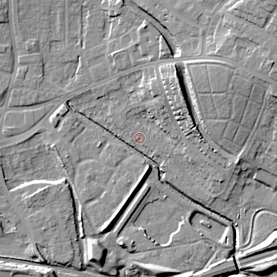Shaded relief map of the ground around WV132RY, computed from Environment Agency LiDAR. The ground here sits at about 121 m above sea level and falls 21 m across the surrounding 800 m. Surface water reaching this point runs off ground lying to the north-east, 11.5 m higher.