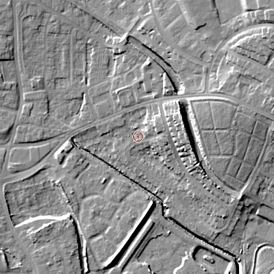 Shaded relief map of the ground around WV132RZ, computed from Environment Agency LiDAR. The ground here sits at about 122 m above sea level and falls 22 m across the surrounding 800 m. Surface water reaching this point runs off ground lying to the east-north-east, 12.1 m higher.