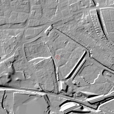 Shaded relief map of the ground around WV132SA, computed from Environment Agency LiDAR. The ground here sits at about 122 m above sea level and falls 16 m across the surrounding 800 m. Surface water reaching this point runs off ground lying to the north-west, 1.8 m higher.