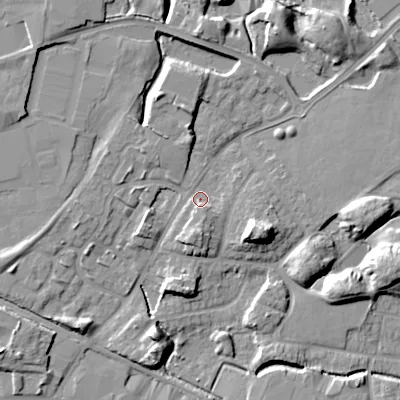 Shaded relief map of the ground around WV133BU, computed from Environment Agency LiDAR. The ground here sits at about 130 m above sea level and falls 13 m across the surrounding 800 m. Surface water reaching this point runs off ground lying to the south-south-east, 2.3 m higher.