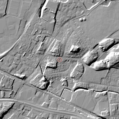 Shaded relief map of the ground around WV133BY, computed from Environment Agency LiDAR. The ground here sits at about 129 m above sea level and falls 13 m across the surrounding 800 m. Surface water reaching this point runs off ground lying to the north, 4.3 m higher.