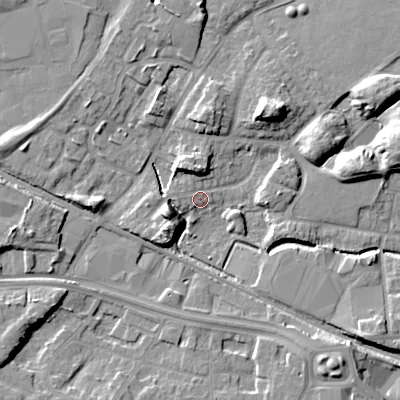 Shaded relief map of the ground around WV133BZ, computed from Environment Agency LiDAR. The ground here sits at about 128 m above sea level and falls 13 m across the surrounding 800 m. Surface water reaching this point runs off ground lying to the west-south-west, 8.4 m higher.