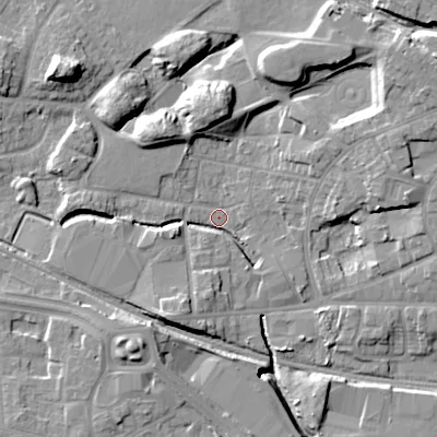 Shaded relief map of the ground around WV133DH, computed from Environment Agency LiDAR. The ground here sits at about 127 m above sea level and falls 14 m across the surrounding 800 m. Surface water reaching this point runs off ground lying to the south-south-west, 3.4 m higher.