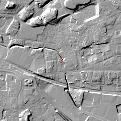 Shaded relief map of the ground around WV133DX, computed from Environment Agency LiDAR. The ground here sits at about 128 m above sea level and falls 15 m across the surrounding 800 m. Surface water reaching this point runs off ground lying to the north, 11.0 m higher.
